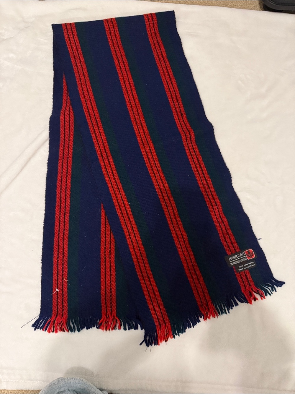 Harrison’s 100% Wool  Navy Scarf with Red and Green Stripe Detailing